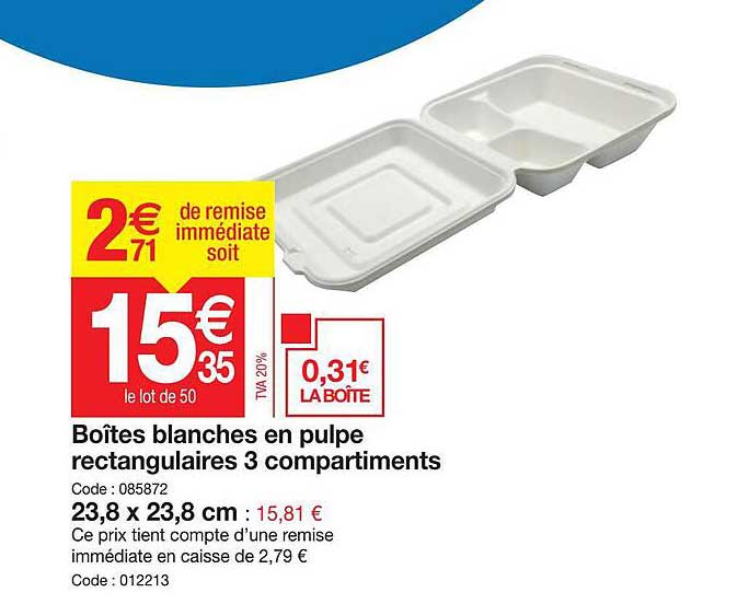 Boîtes Blanches En Pulpe Rectangulaires 3 Compartiments