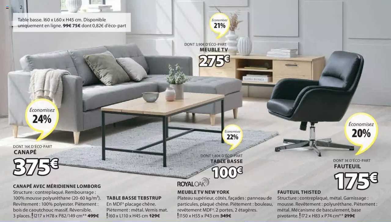 canapé avec méridienne lomborg, table basse tebstrup, meuble tv new york royal oak, fauteuil thisted