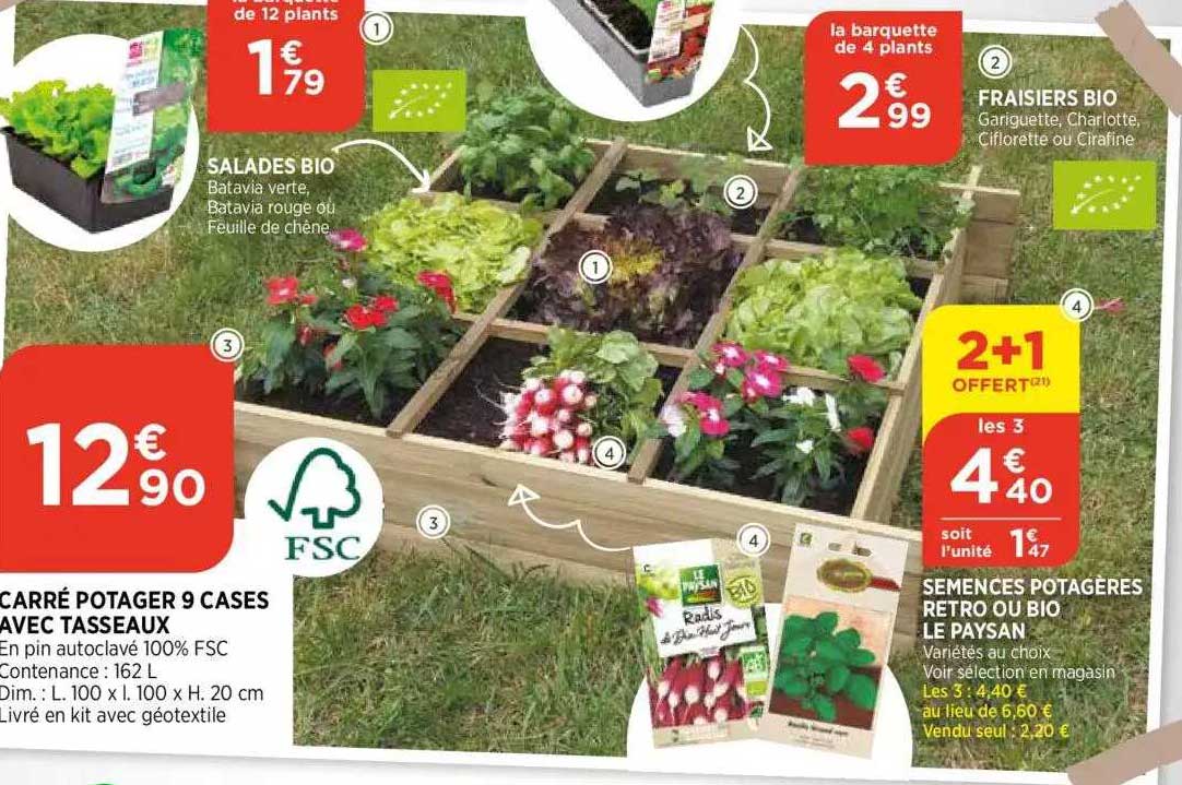 carré potager 9 cases avec tasseaux, semences potagères retro ou bio le paysan