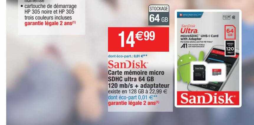 carte mémoire micro sdhc ultra 64 gb 120 mb-s + adaptateur sanDisk