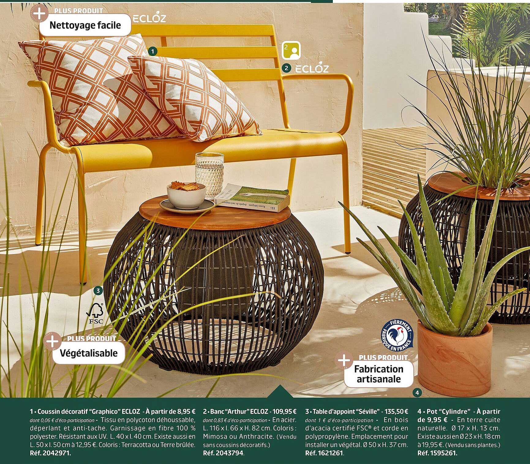 coussin décoratif "graphico" ecloz, banc "arthur" ecloz, table d'appoint "seville", pot "cylindre"
