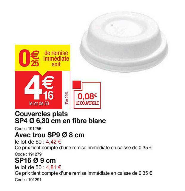 couvercles plats sp4 ø 6,30 cm en fibre blanc, avec trou ps9 ø 8 cm, sp16 ø 9 cm