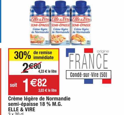 crème légère de normandie semi-épaisse 18% m.g. elle & vire