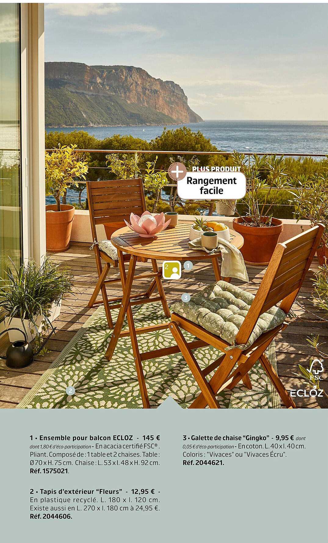 ensemble pour balcon ecloz, tapis d'extérieur "fleurs", galette de chaise "gingko",