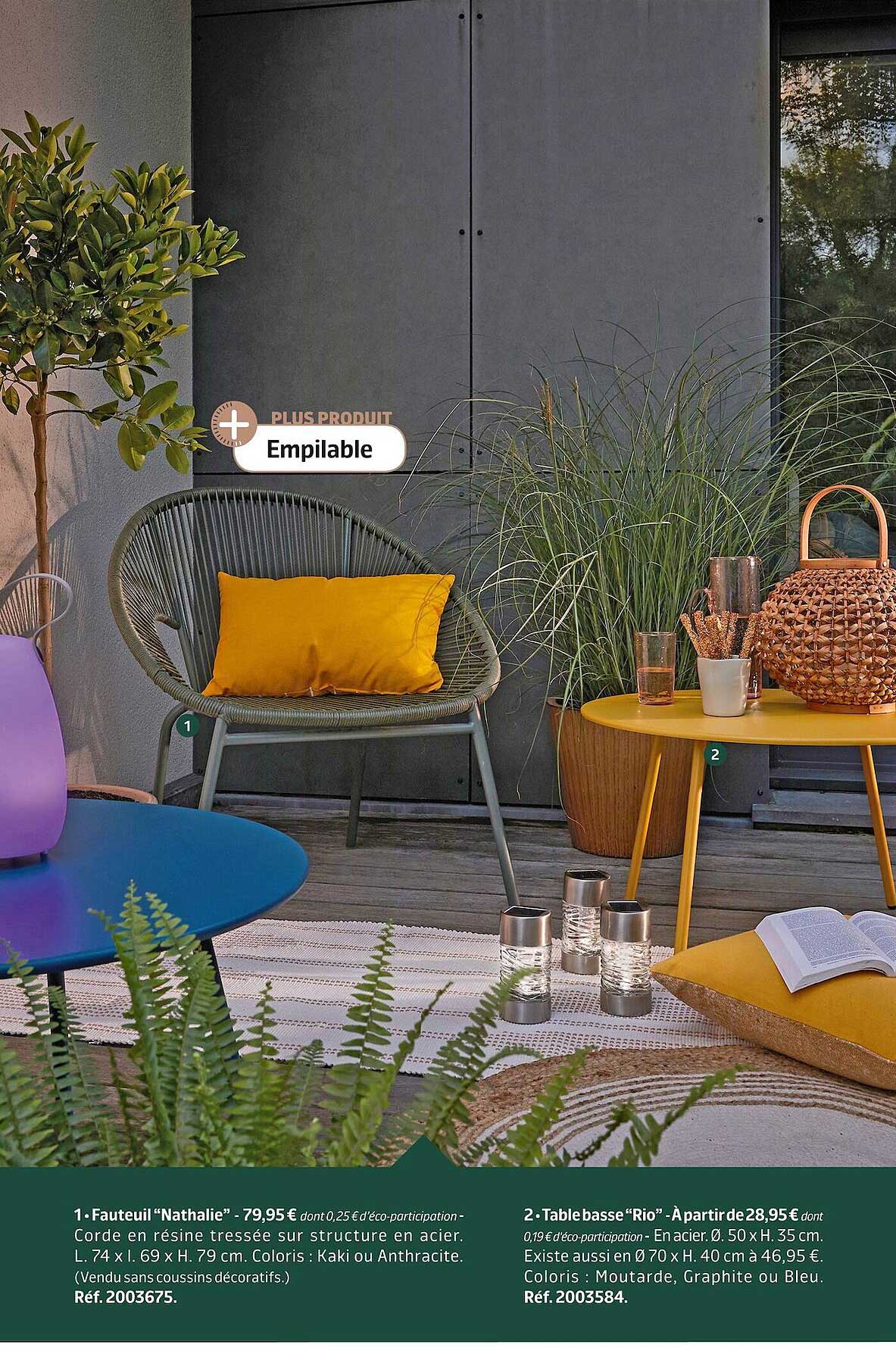 fauteuil "nathalie", table basse "rio"