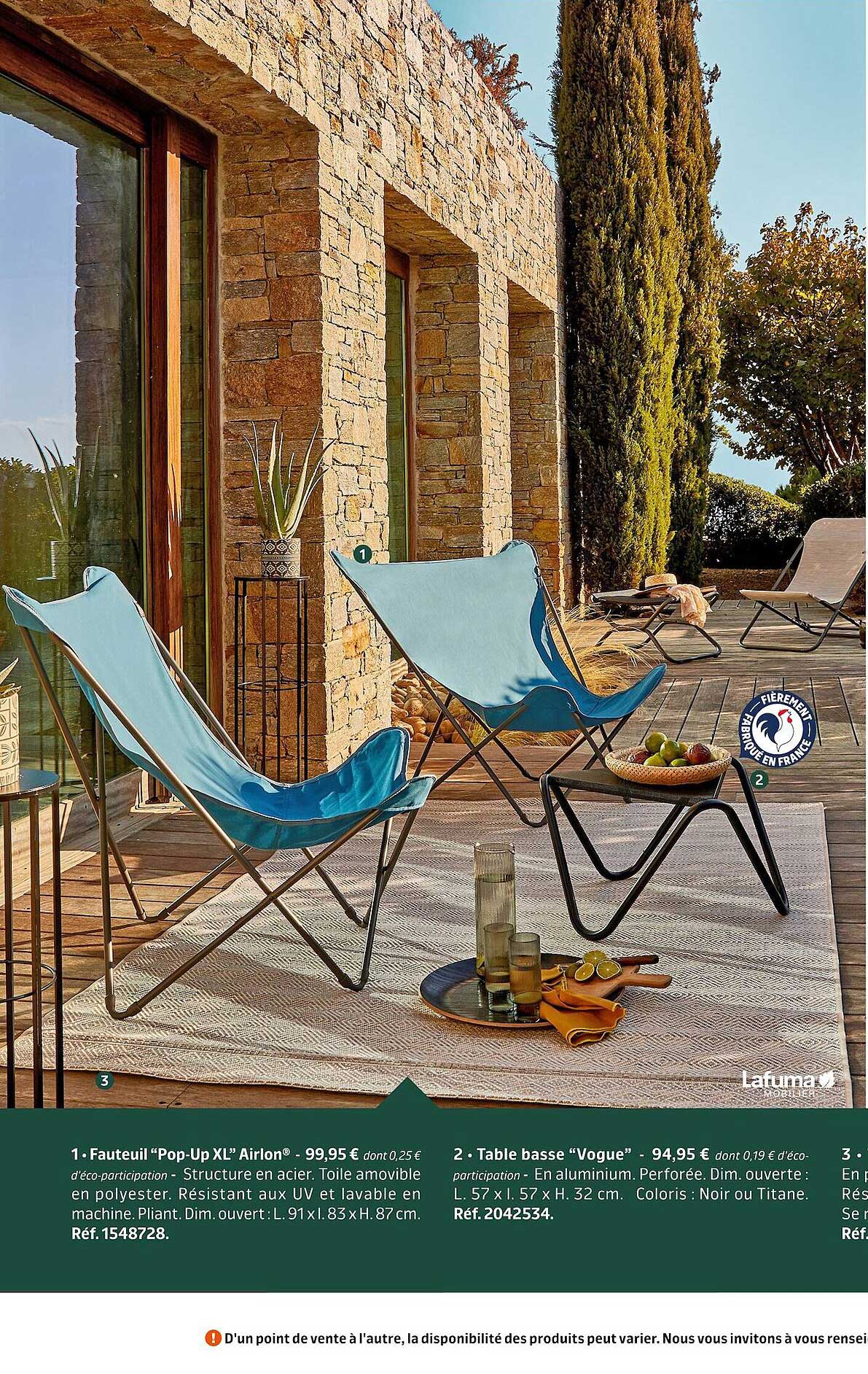 fauteuil "pop-up xl" airlon, table basse "vogue"