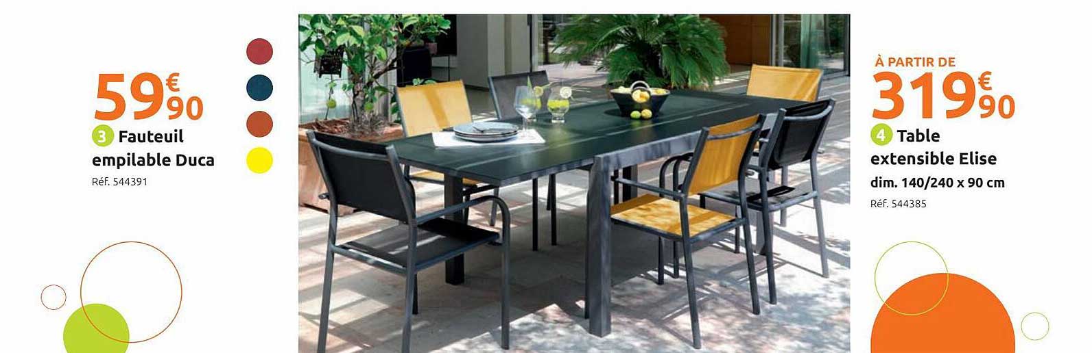 fauteuil empilable duca, table extensible elise