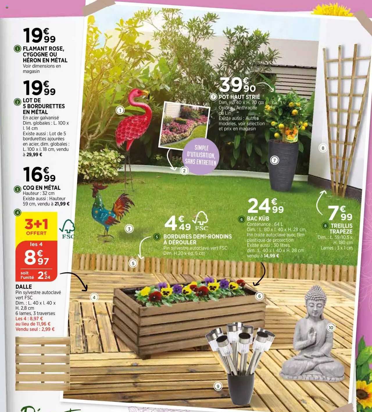 flamant rose, cigogne ou héron en métal, lot de 5 bordurettes en métal, coq en métal, dalle