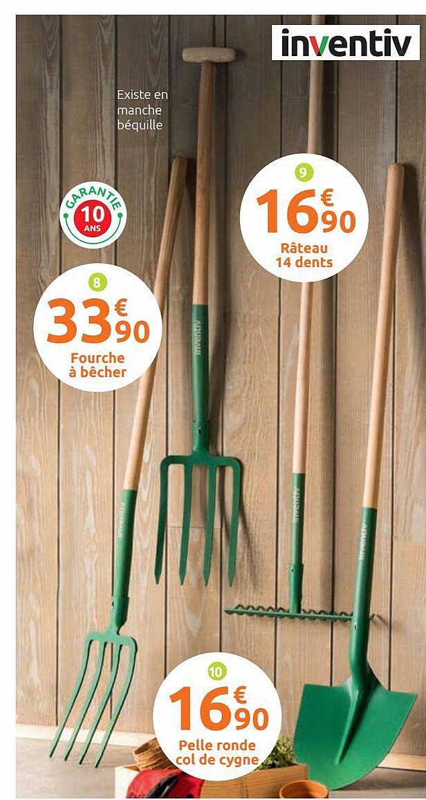 fourche à bêcher, râteau 14 dents, pelle rond col de cygne inventiv