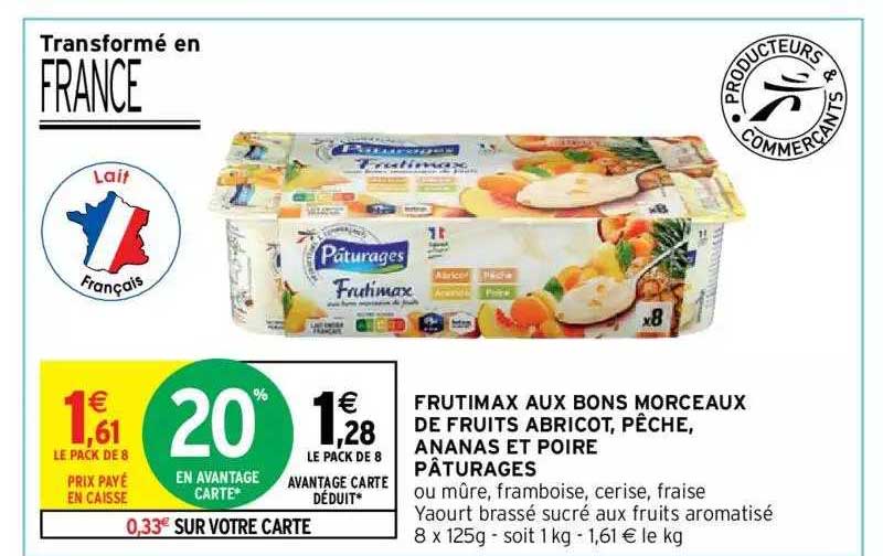 frutimax aux bons morceaux de fruits abricot, pêche, ananas et poire pâturages