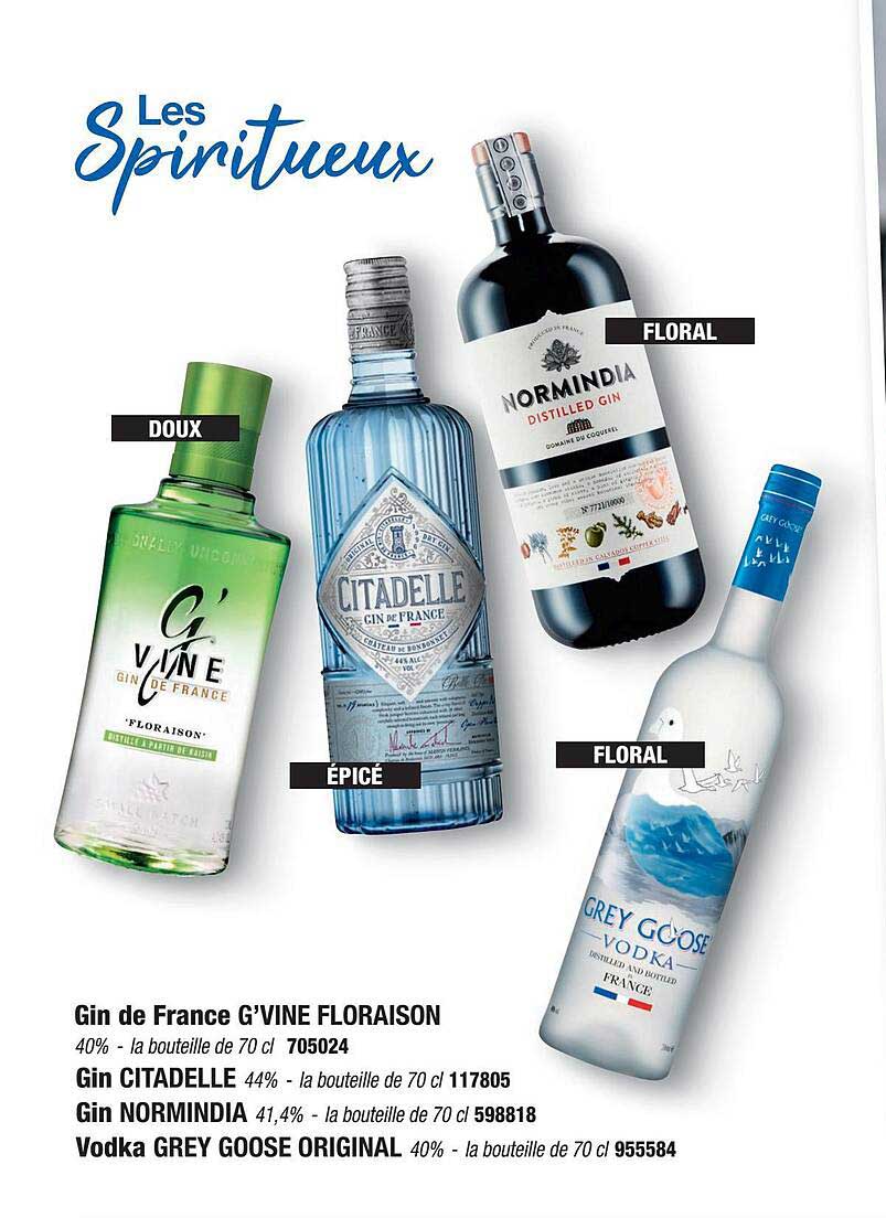 les piritueux : gin de france g'vine floraison, gin citadelle, gin normindia, vodka grey goose original