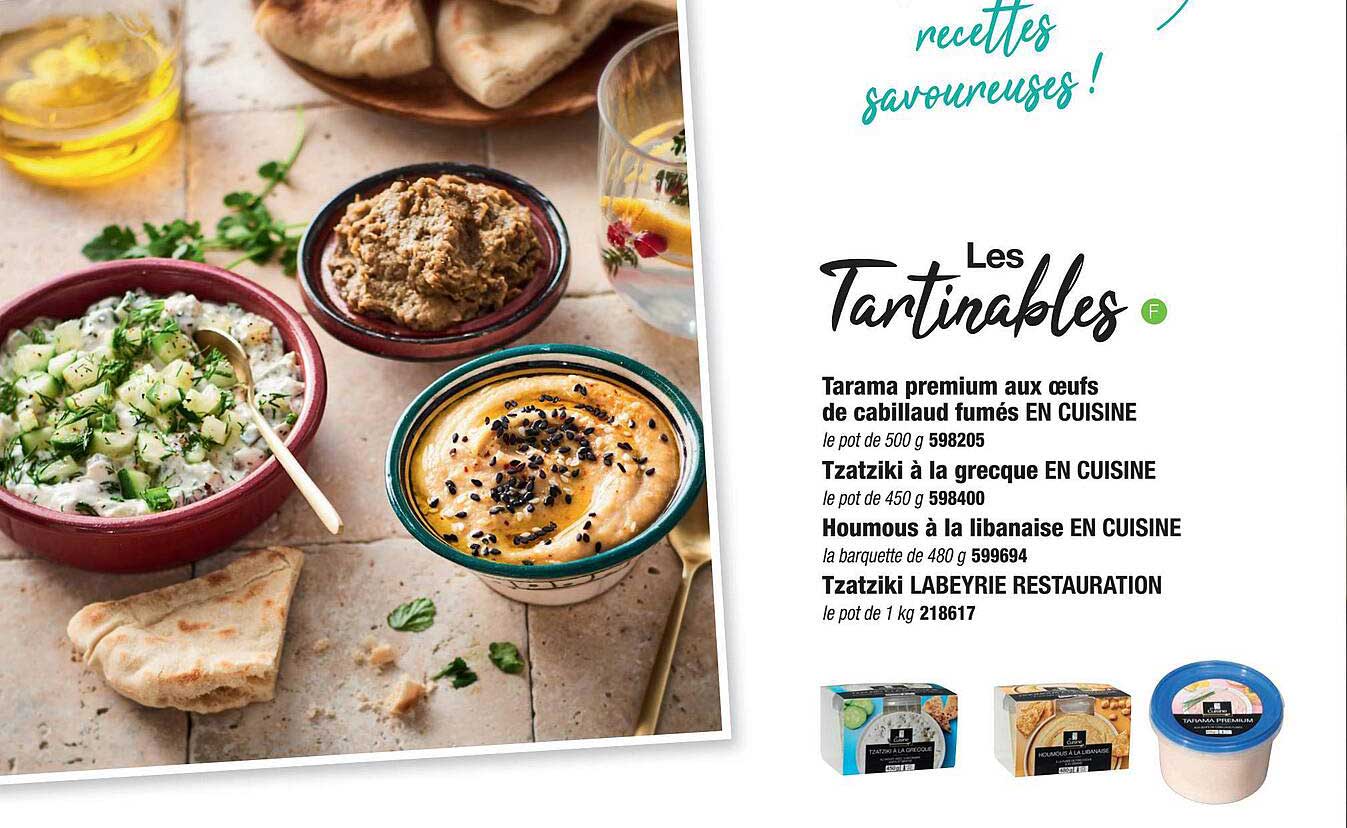 Les Tartinables : Tarama Premium Aux Oeufs De Cabillaud Fumés En Cuisine, Tzatziki à La Grecque En Cuisine, Houmous à La Libanaise En Cuisine, Tzatziki Labeyrie Restauration