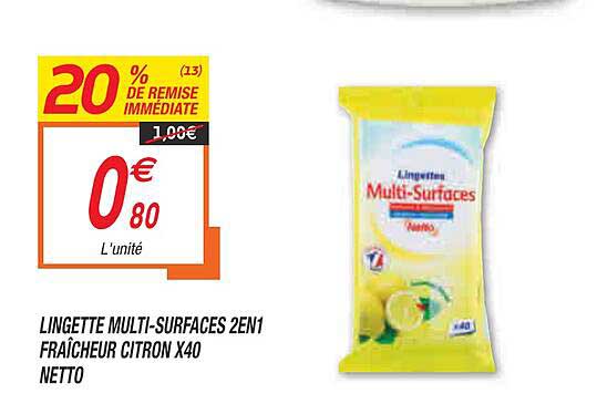 lingette multi-surfaces 2 en 1 fraîcheur citron x40 netto