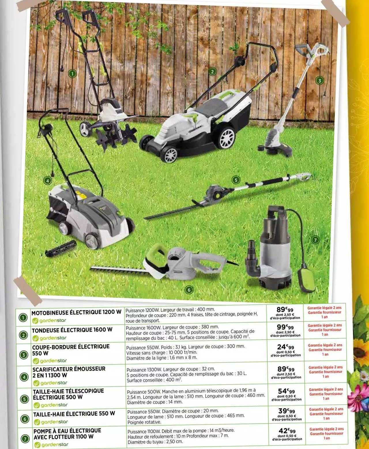 motobineuse électrique 1200 w, tondeuse électrique 1600 w, coupe-bordure électrique 550w, scarificateur émousseur 2 en 1 1300w, taille-haie télescopique électrique 500w, taille-haie électrique 550 w