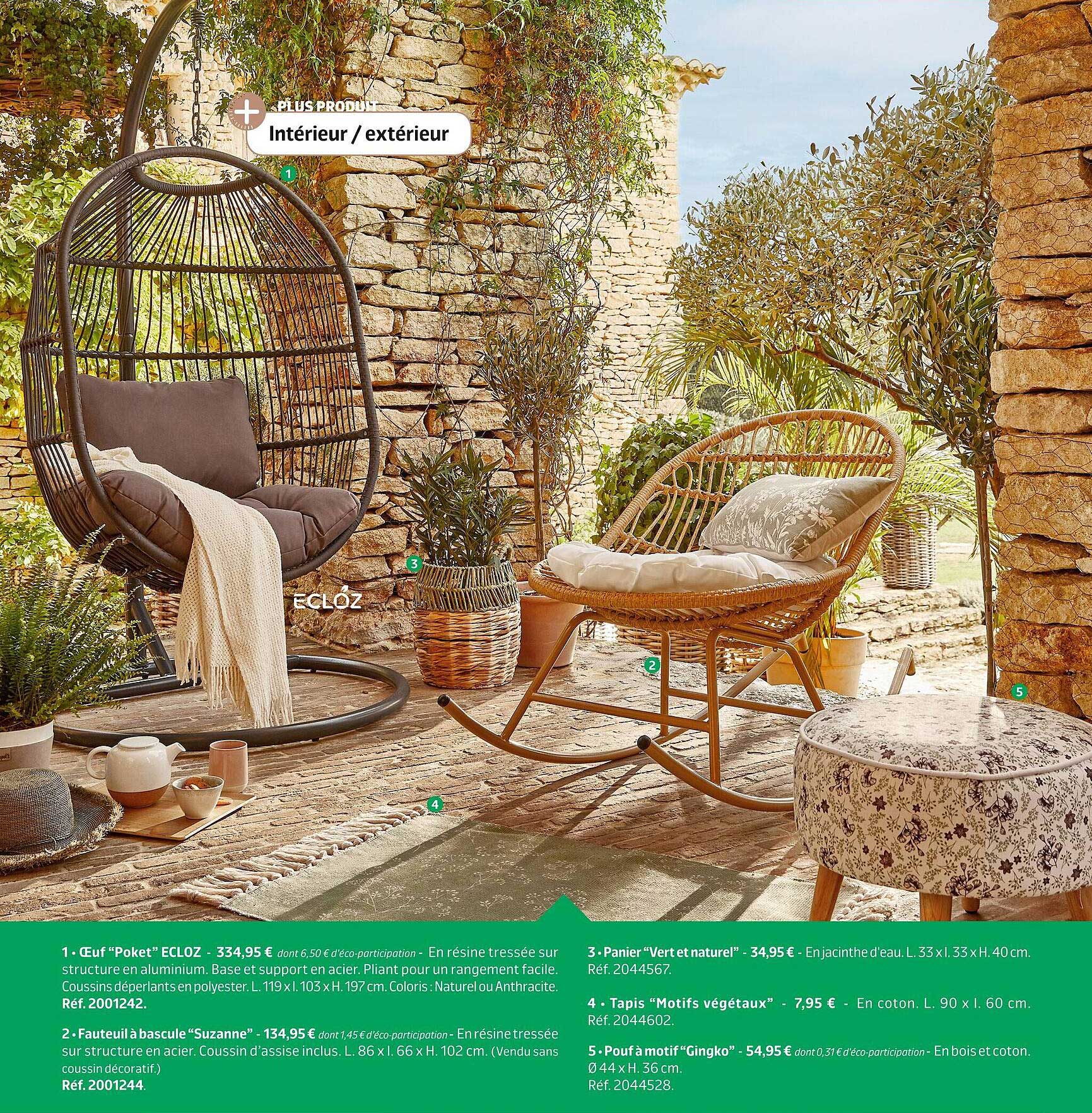 oeuf "pocket" ecloz, fauteuil à bascule "suzanne", panier vert et naturel, tapis "motifs végétaux", pouf à motif "gingko"