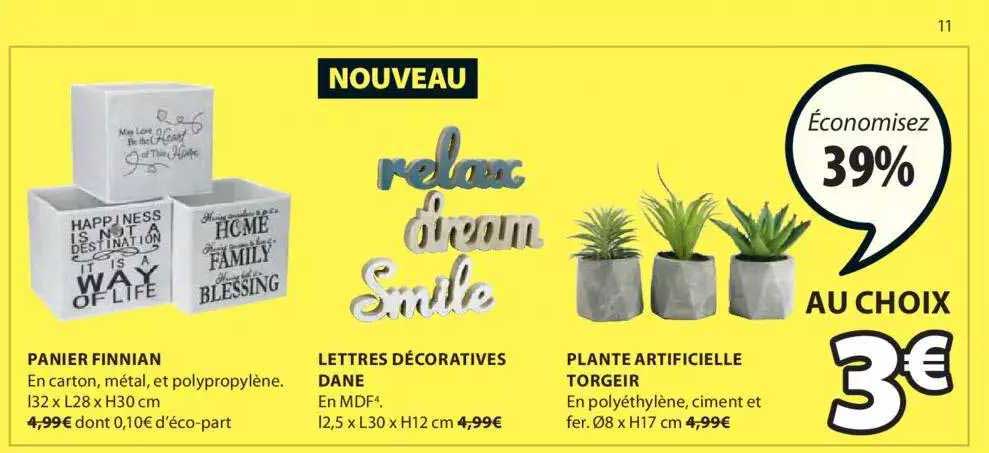 panier finnian, lettres décoratives dane, plante artificielle torgeir