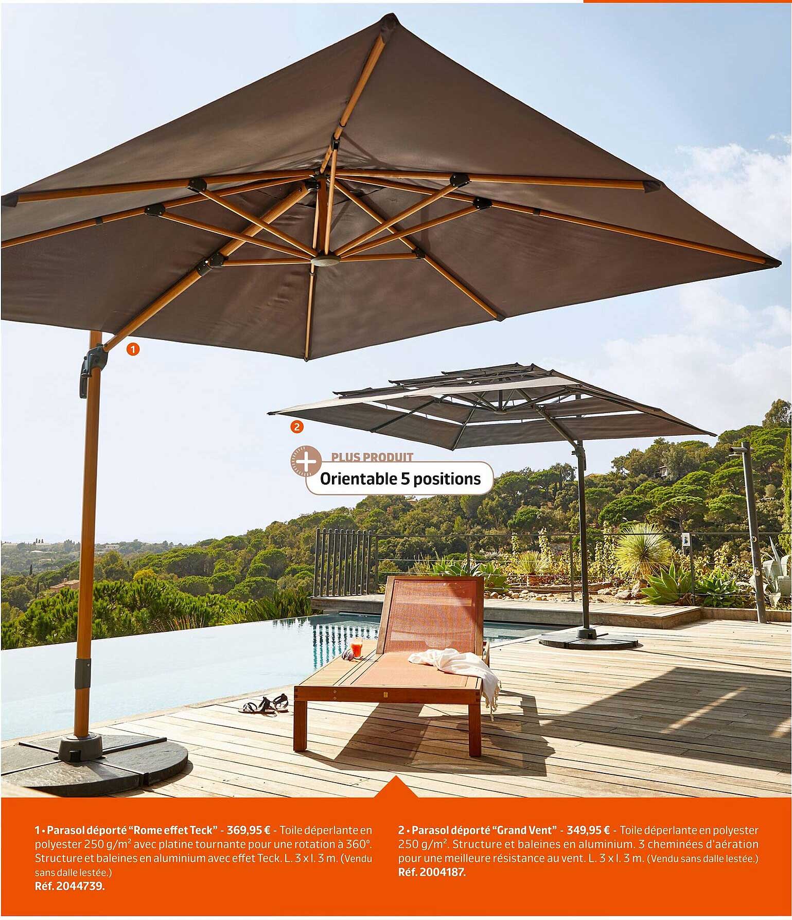 parasol déporté "rome effet teck", parasol déporté "grand vent"