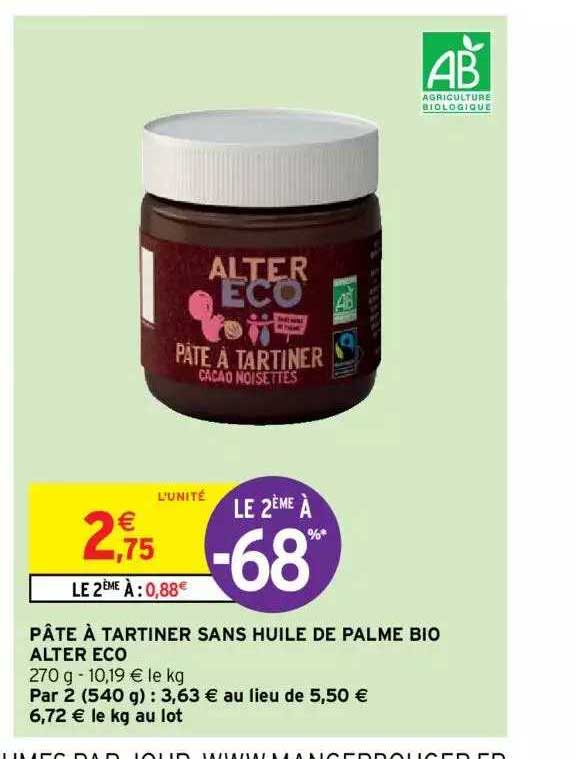 pâte à tartiner sans huile de palme bio alter éco