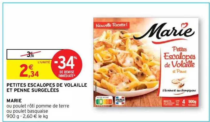 petites escalopes de volaille et penne surgelées marie
