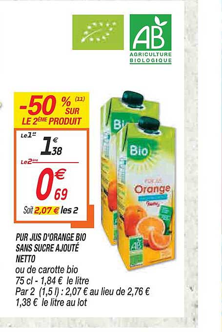 Pur Jus D'orange Bio Sans Sucre Ajouté Netto