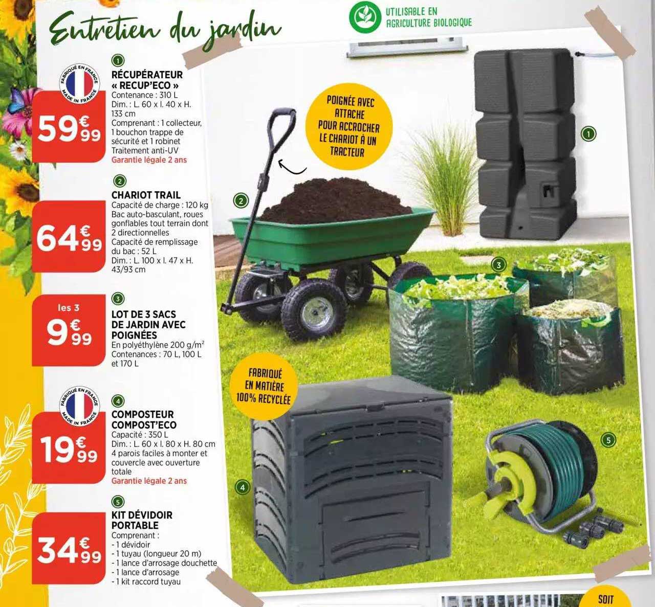 récupérateur «recup'éco», chariot trail, lot de 3 sacs de jardin avec poignées, composteur compost'eco, kit dévidoir portable