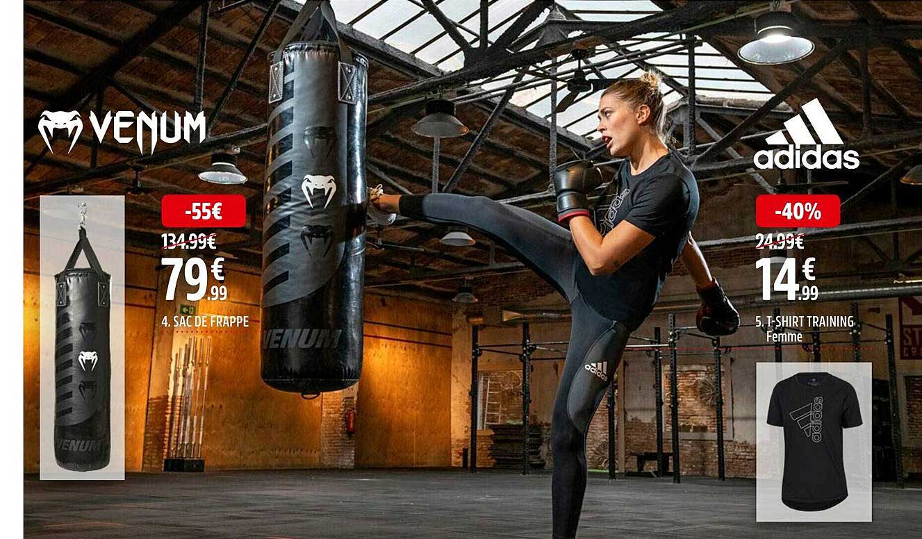 sac de frappe venum, t-shirt training femme adidas
