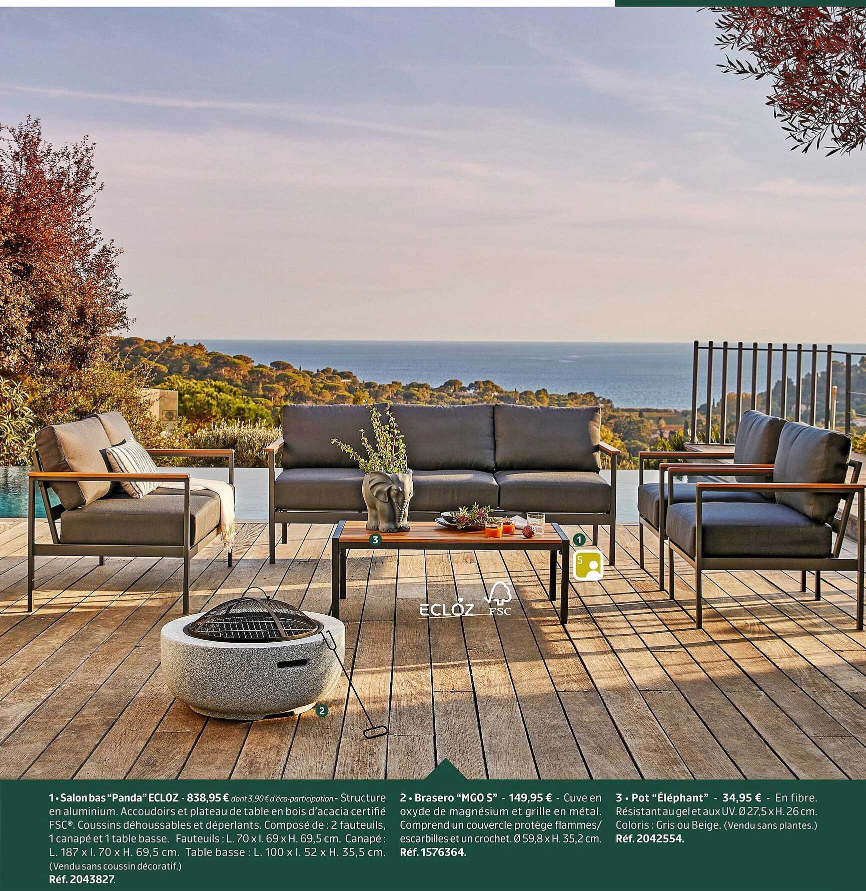 salon bas "panda" ecloz, brasero "mgo s", pot "éléphant"