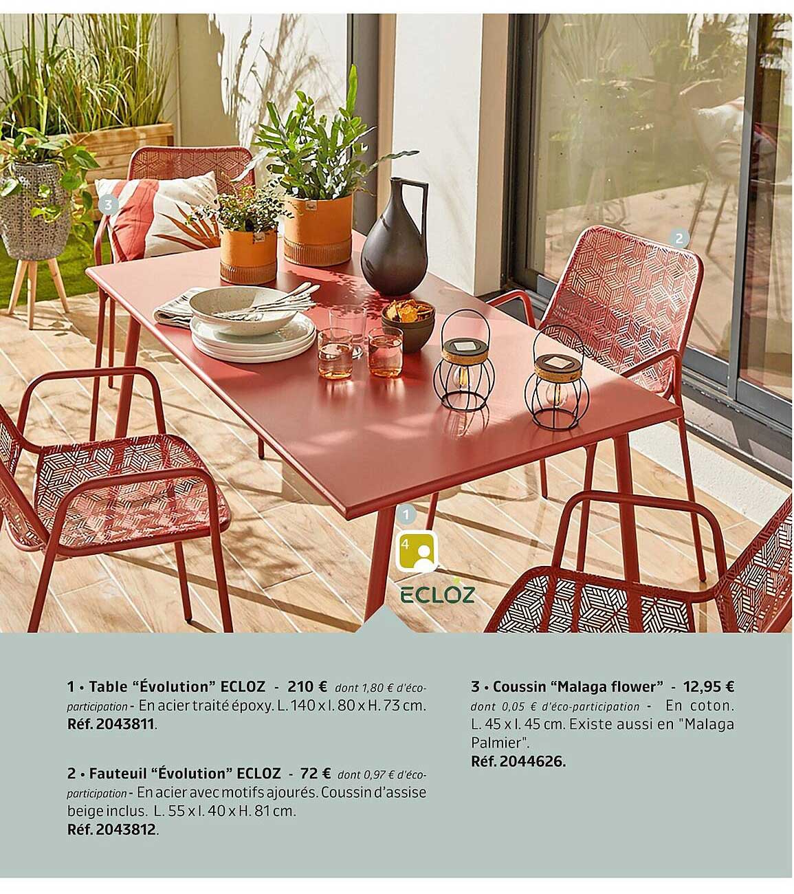 table "évolution" ecloz, fauteuil "évolution" ecloz, coussin "malaga flower"