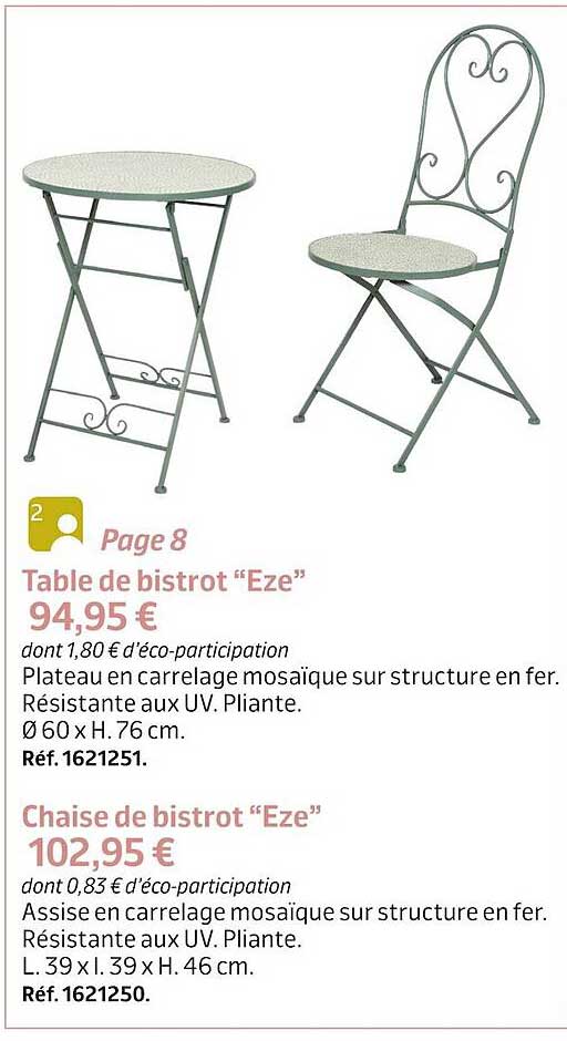 table de bistrot "eze", chaise de bistrot "eze"