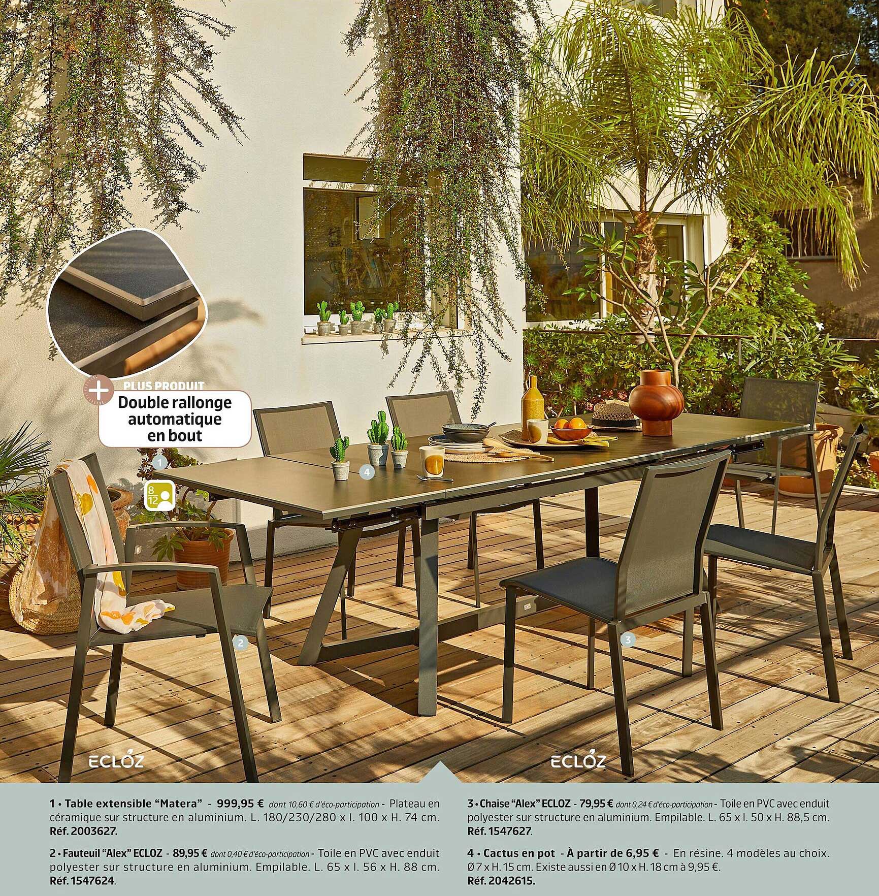 table extensible "mater", fauteuil "alex", chaise "alex" ecloz, cactus en pot