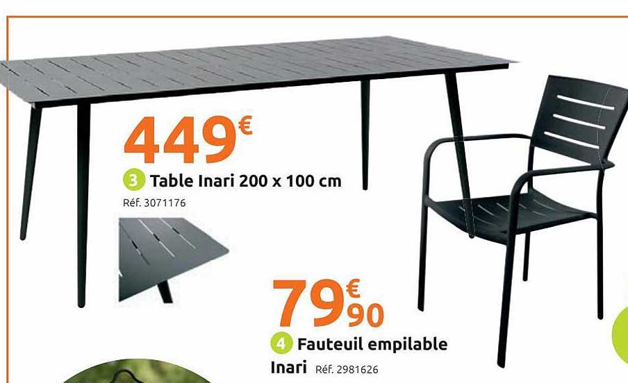 table inari 200 x 100 cm, fauteuil empilable inari