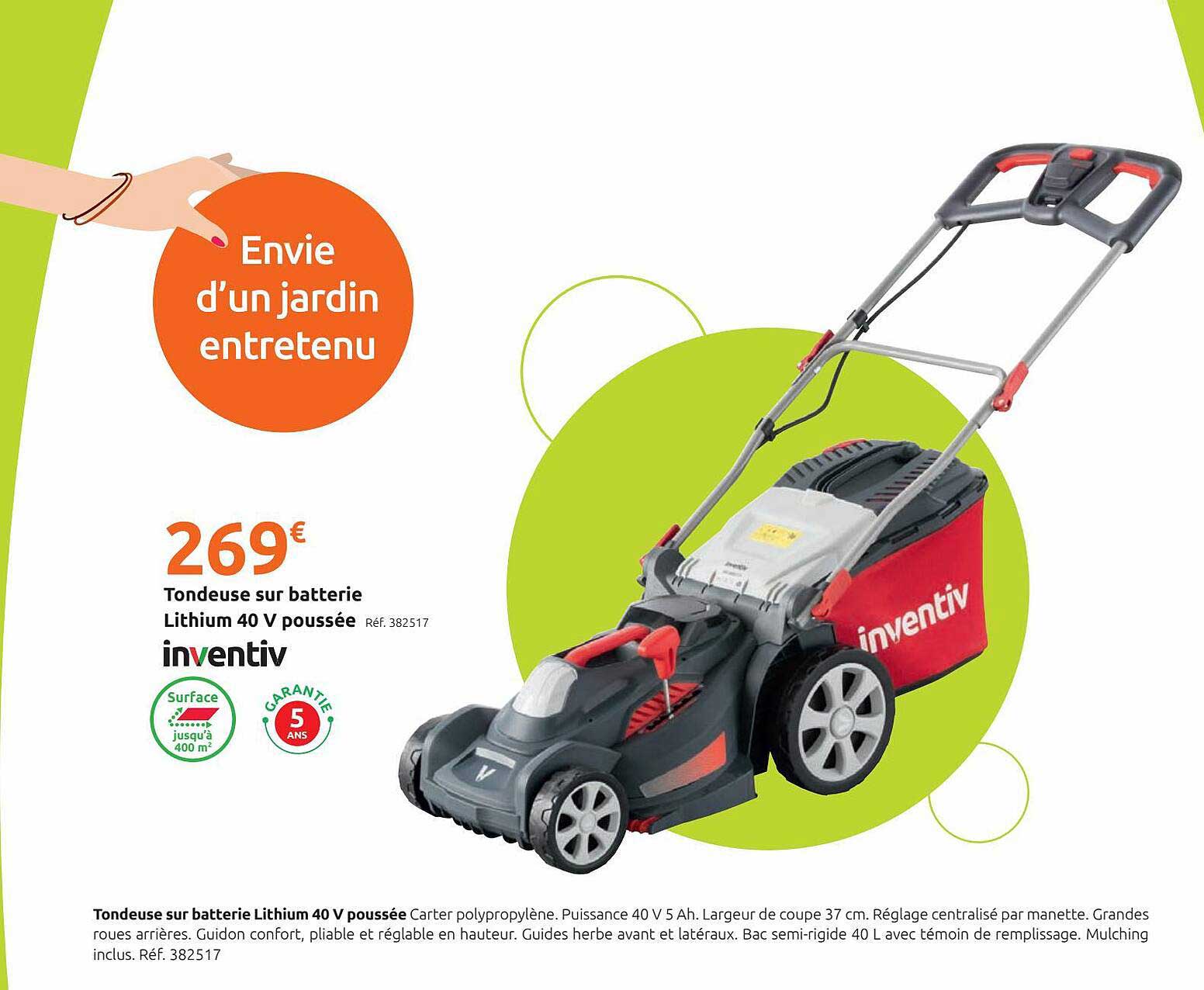tondeuse sur batterie lithium 40 v poussée inventiv