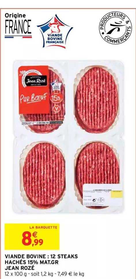 viande bovine : 12 steaks hachés 15% mat. gr. jean rozé