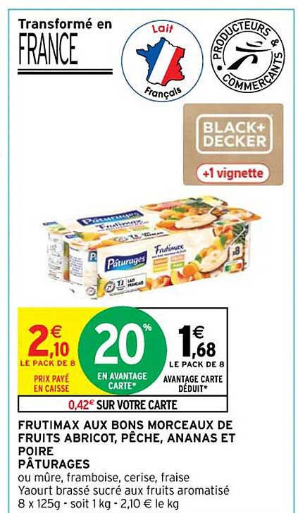 frutimax aux bons morceaux de fruits abricot, pêche, ananas et poire pâturages