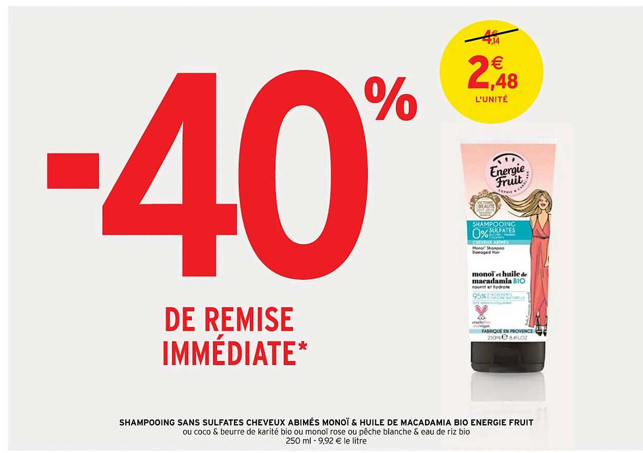 shampooing sans sulfates cheveux abimés monoï & huile de macadamia bioi energie fruit