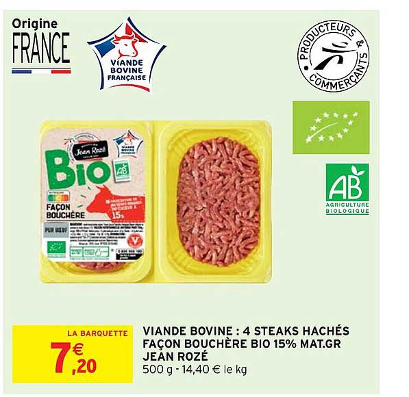 viande bovine : 4 steaks hachés façon bouchère bio 15% mat.gr. jean rozé