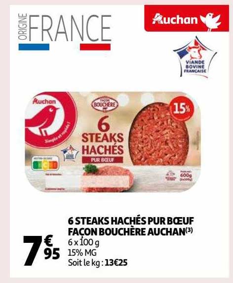6 steaks hachés pur bœuf façon bouchère auchan