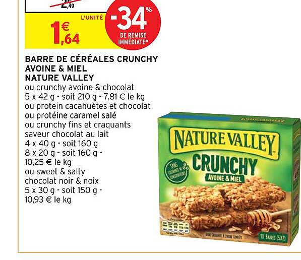 barre de céréales crunchy avoine & miel nature valley