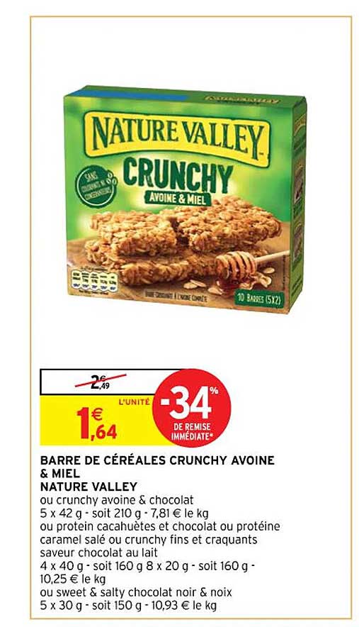 barre de céréales crunchy avoine & miel nature valley