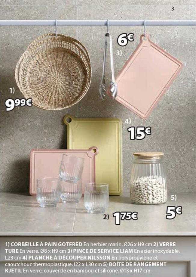 corbeille à pain gotfred, verre ture, pince service liam, planche à découper nilsson, boîte de rangement kjetil