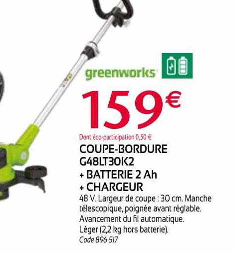 coupe-bordure g48lt30k2 + batterie 2 ah + chargeur greenworks