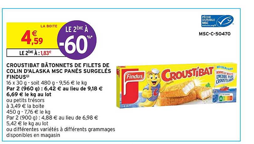 Croustibat Bâtonnets De Filets De Colin D'alaska Msc Panés Surgelés Findus