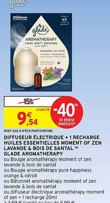diffuseur électrique + 1 recharge huiles essentielles moment of zen lavande & bois de santal glade aromatherapy