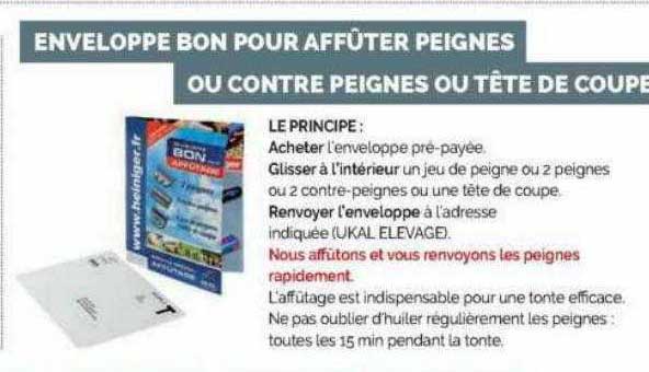 enveloppe bon pour affûter peignes ou contre peignes ou tête de coupe
