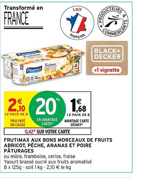 frutimax aux bons morceaux de fruits abricot, pêche, ananas et poire pâturages