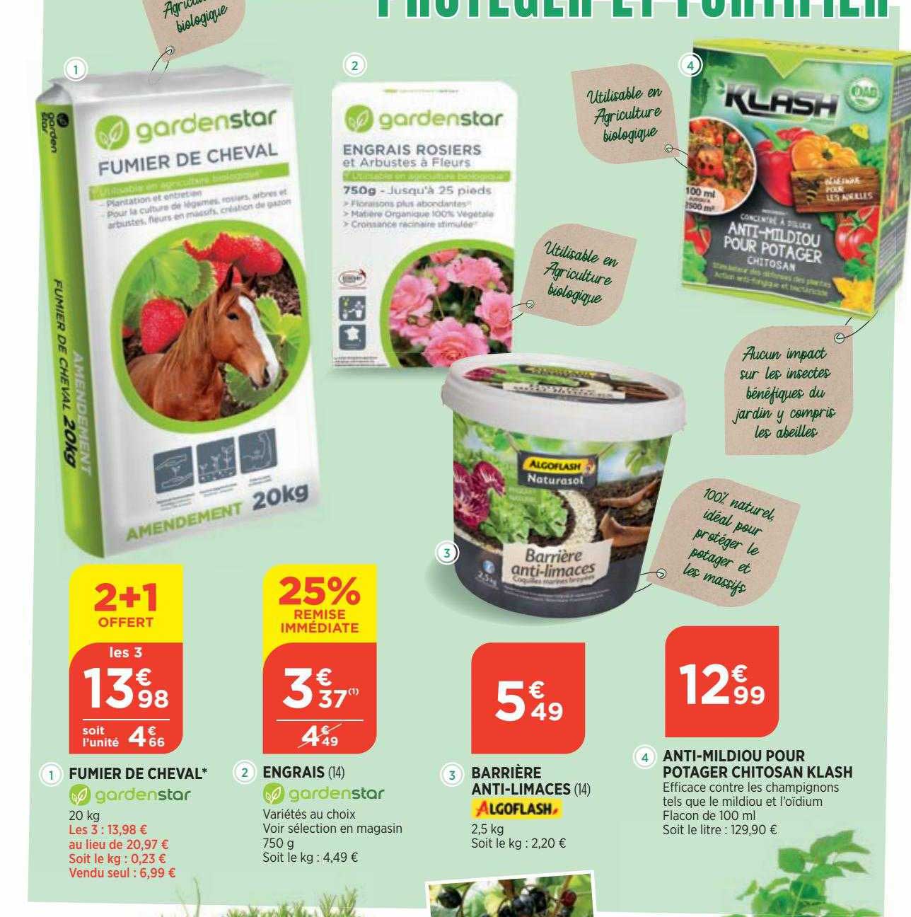 fumier de cheval, engrais gardenstar, barrière anti-limaces, anti-mildiou pour potager chitosan klash
