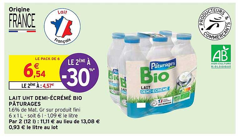 lait uht demi-écrémé bio pâturages