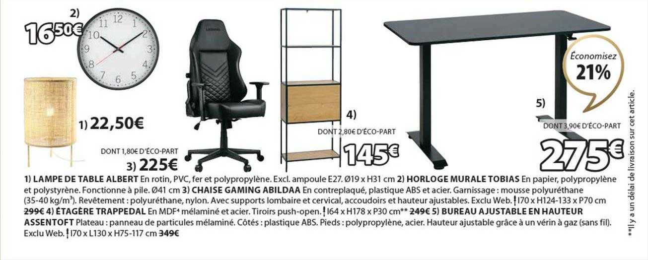lampe de table albert, horloge murale tobias, chaise gaming abildaa, étagère trappedal, bureau ajustable en hauteur assentoft