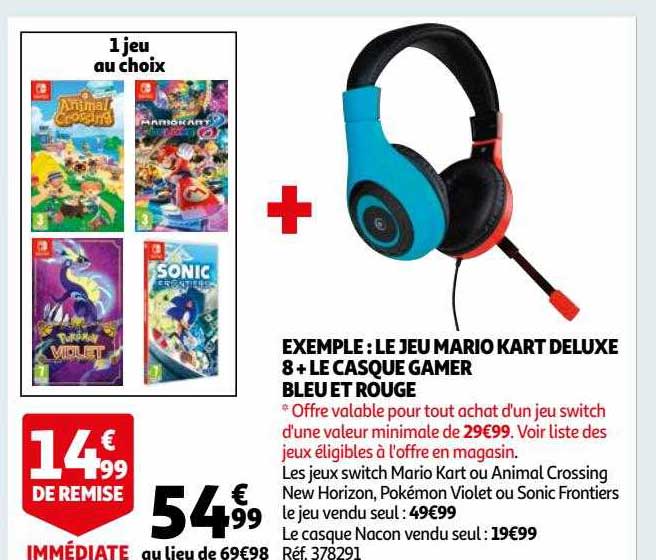 le jeu mario kart deluxe 8 + le casque gamer bleu et rouge