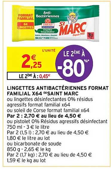 lingettes antibactériennes format familial x64 saint marc